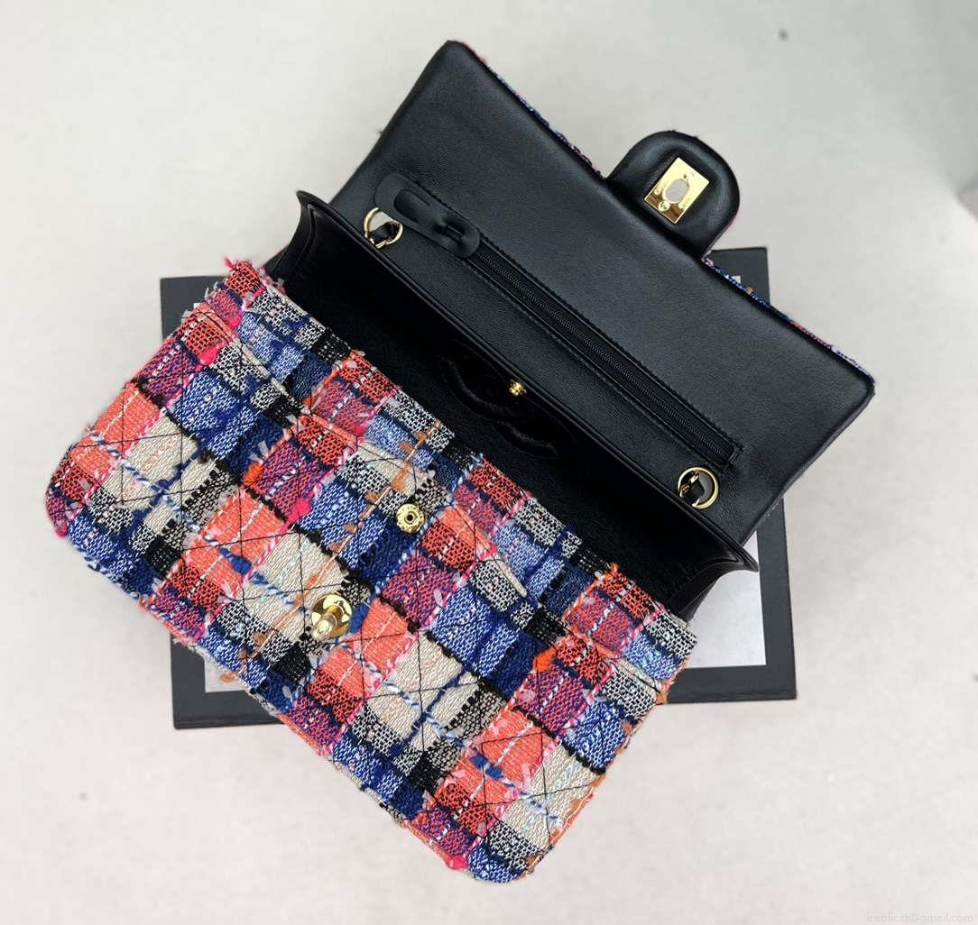 Chanel A01112 Flap Classic Handbag Woolen & Gold-Tone Metal Pink & Blue