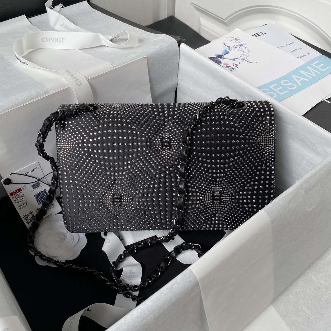 Chanel A01112 Flap Classic Handbag Velvet Crystal pearl Black