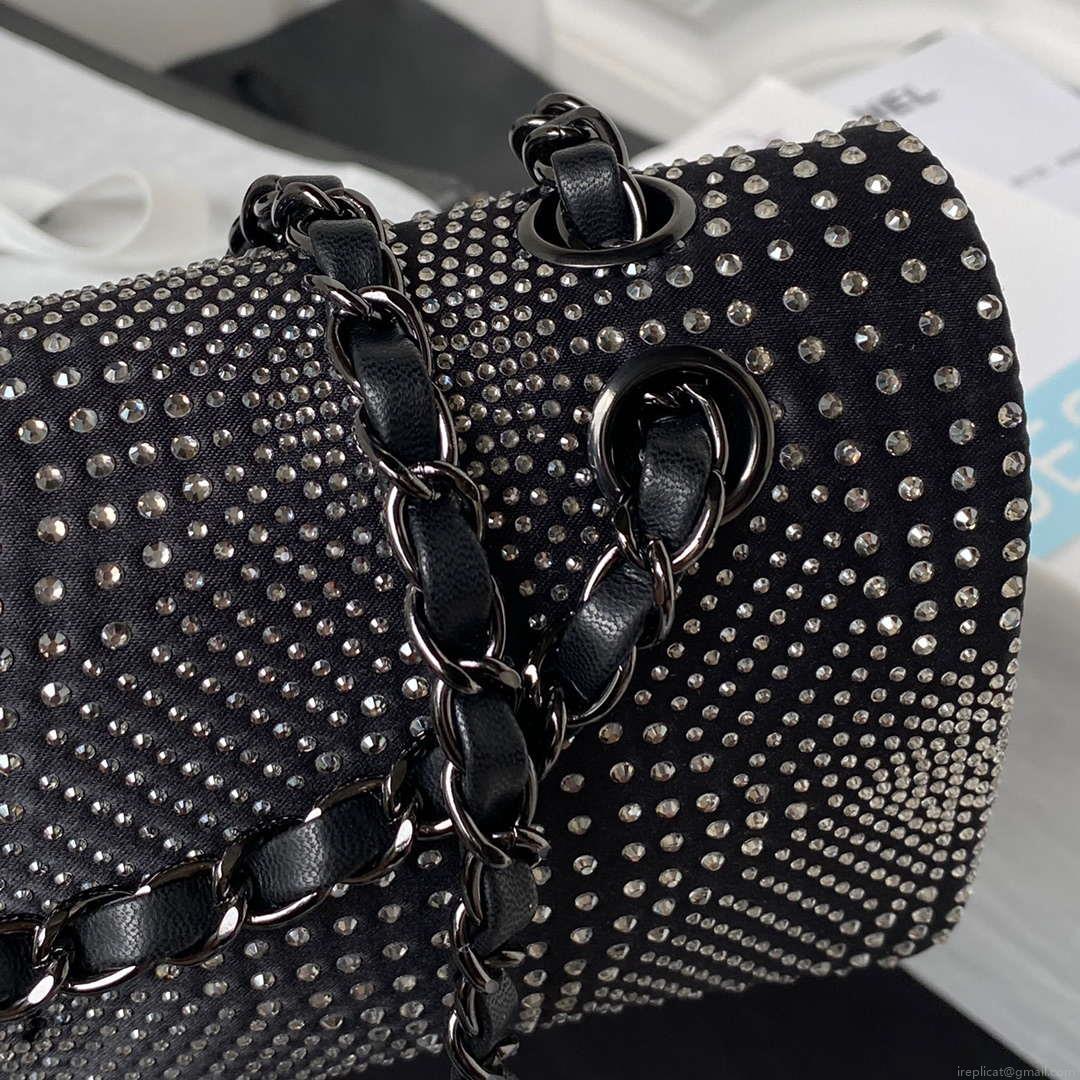 Chanel A01112 Flap Classic Handbag Velvet Crystal pearl Black