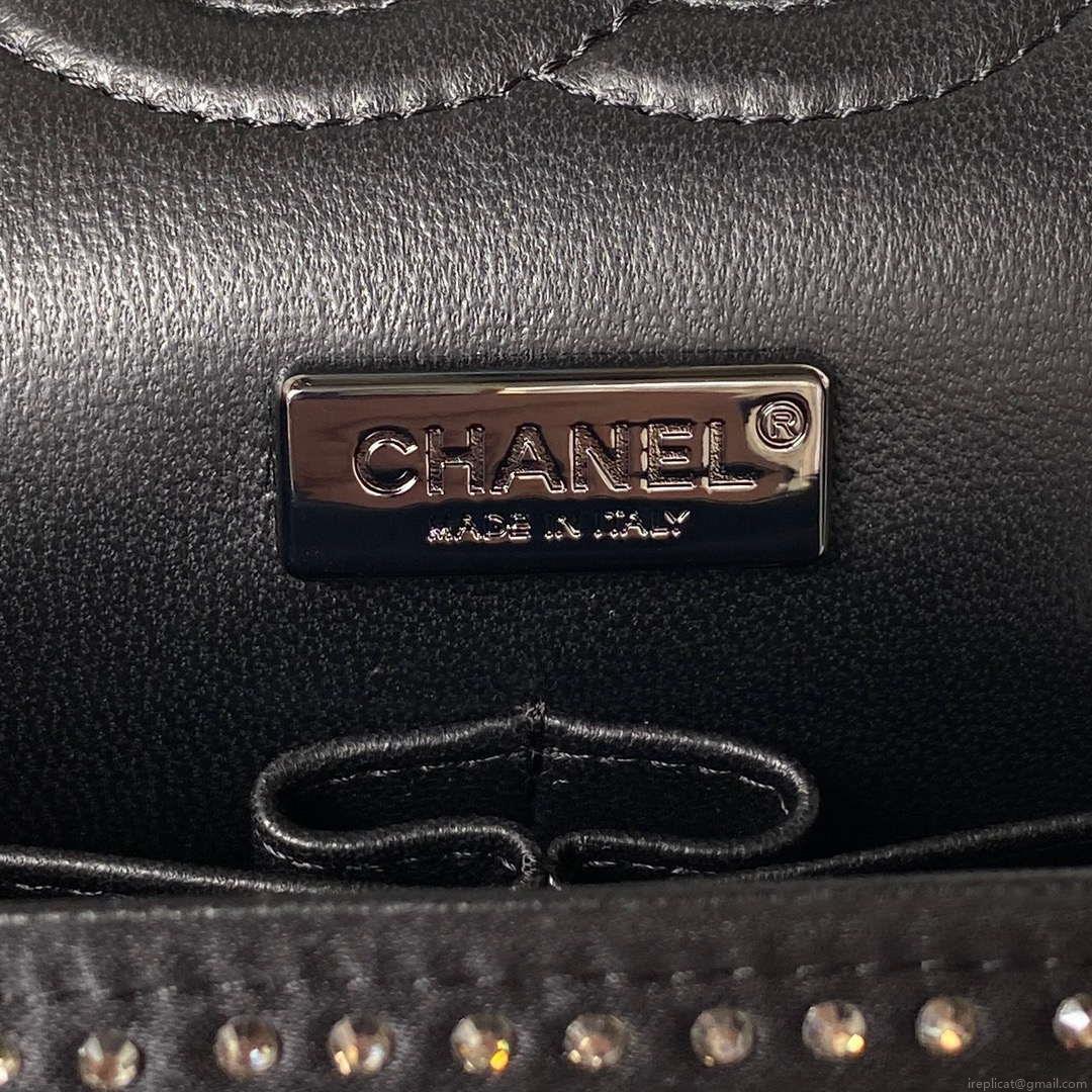 Chanel A01112 Flap Classic Handbag Velvet Crystal pearl Black