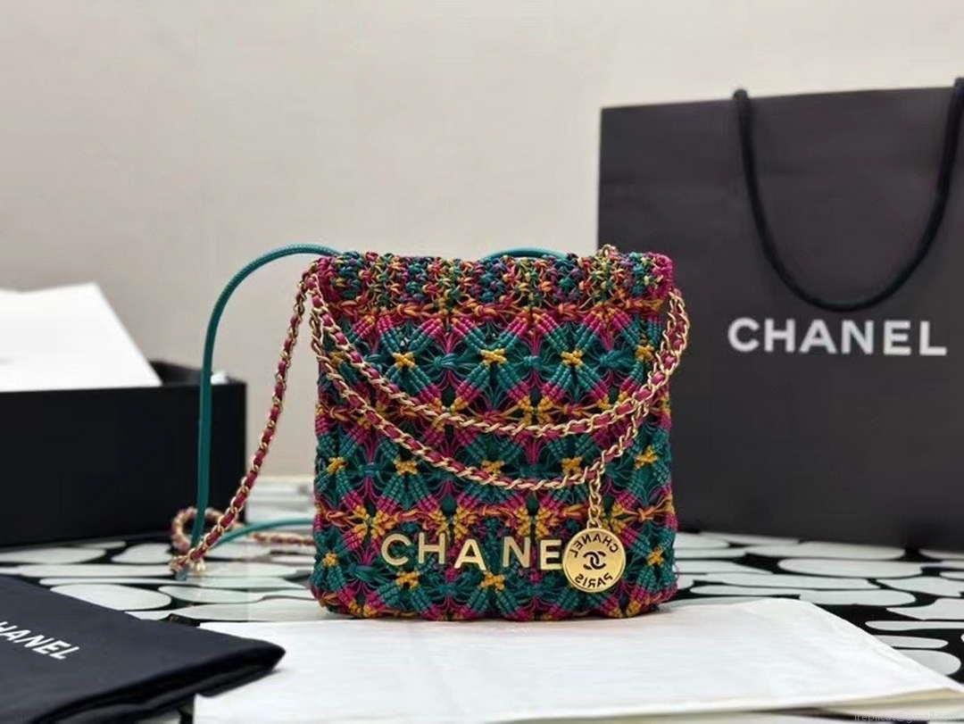 Chanel 22 AS3980 Mini Handbag Calfskin knotted lace and gold-tone metal Dark green & pink