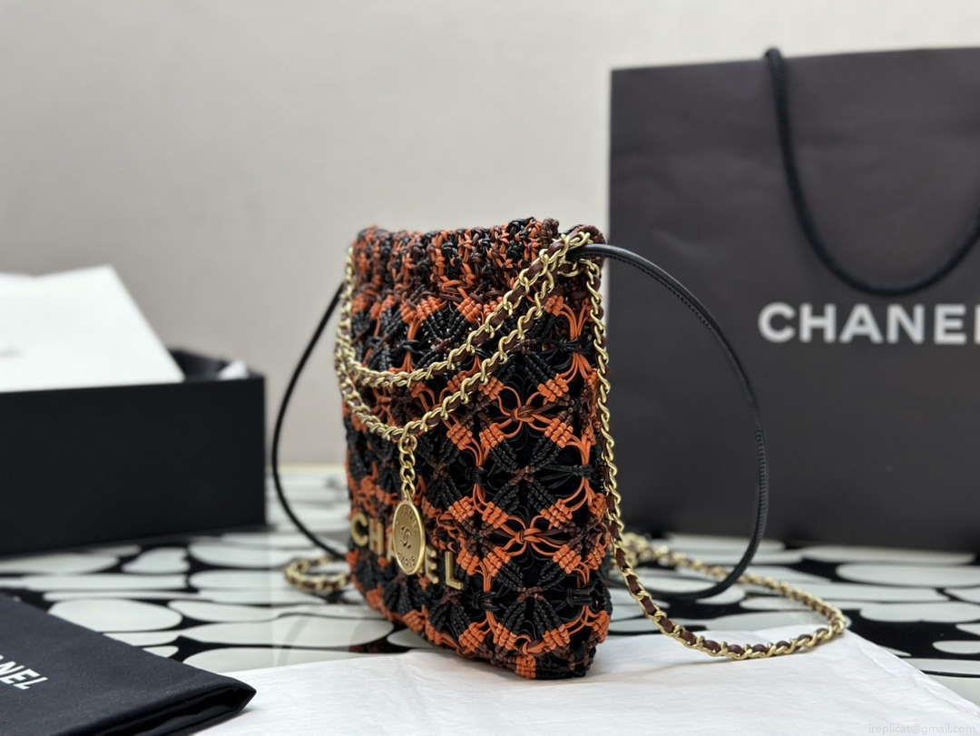 Chanel 22 AS3980 Mini Handbag Calfskin knotted lace and gold-tone metal Orange & black