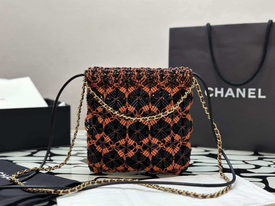 Chanel 22 AS3980 Mini Handbag Calfskin knotted lace and gold-tone metal Orange & black
