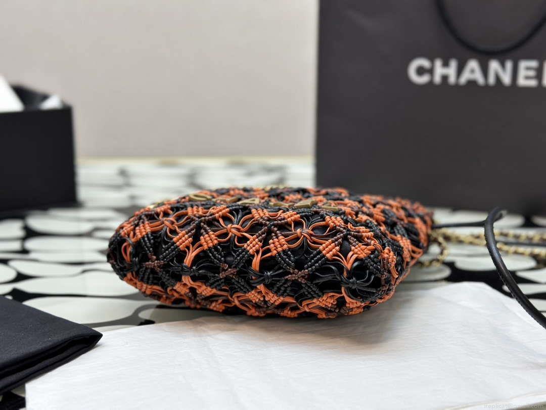 Chanel 22 AS3980 Mini Handbag Calfskin knotted lace and gold-tone metal Orange & black