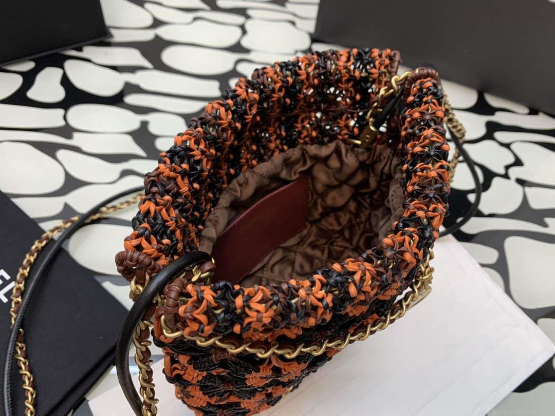 Chanel 22 AS3980 Mini Handbag Calfskin knotted lace and gold-tone metal Orange & black