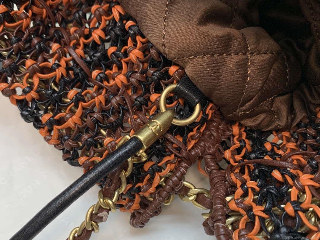 Chanel 22 AS3980 Mini Handbag Calfskin knotted lace and gold-tone metal Orange & black