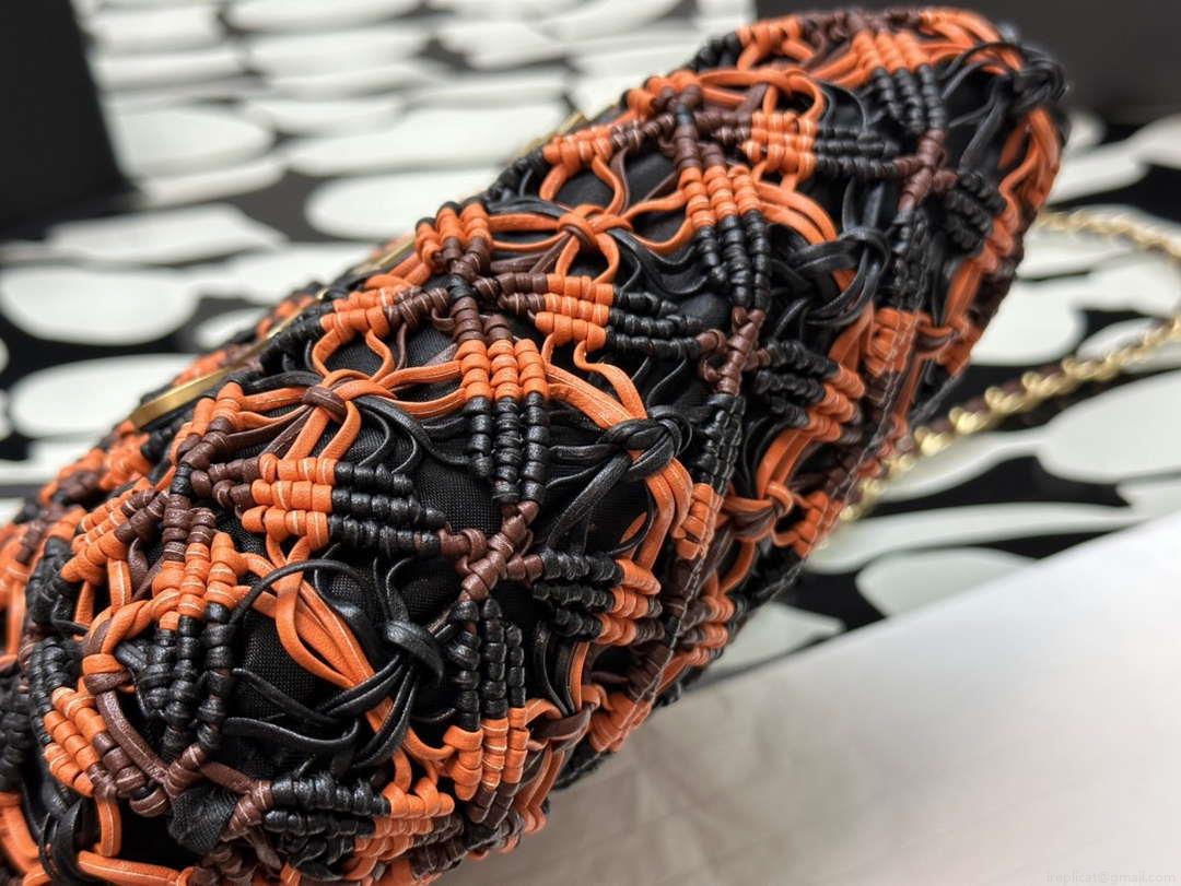 Chanel 22 AS3980 Mini Handbag Calfskin knotted lace and gold-tone metal Orange & black