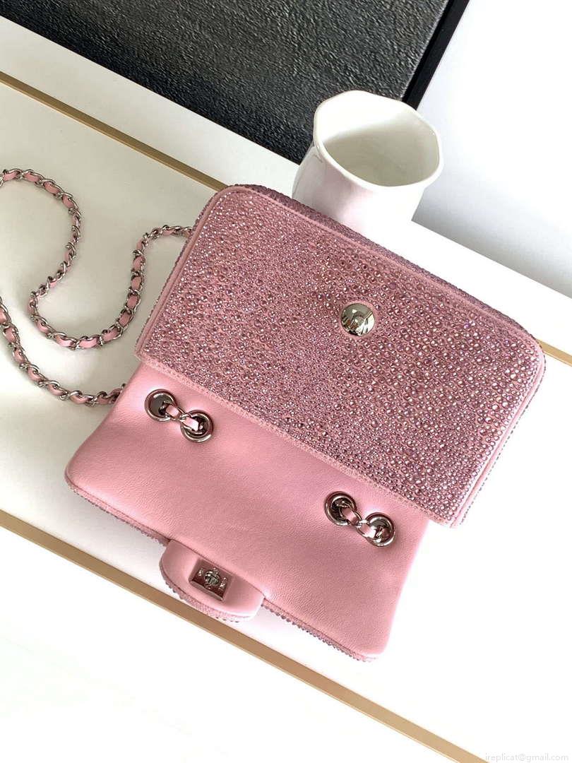 Chanel 20cm Flap Handbag Rhinestones 23S CF Limited Edition Pink