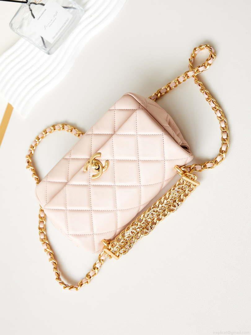 Chanel AS4595 MINI FLAP BAG Metallic Calfskin Diamante & Gold-Tone Metal Light Pink