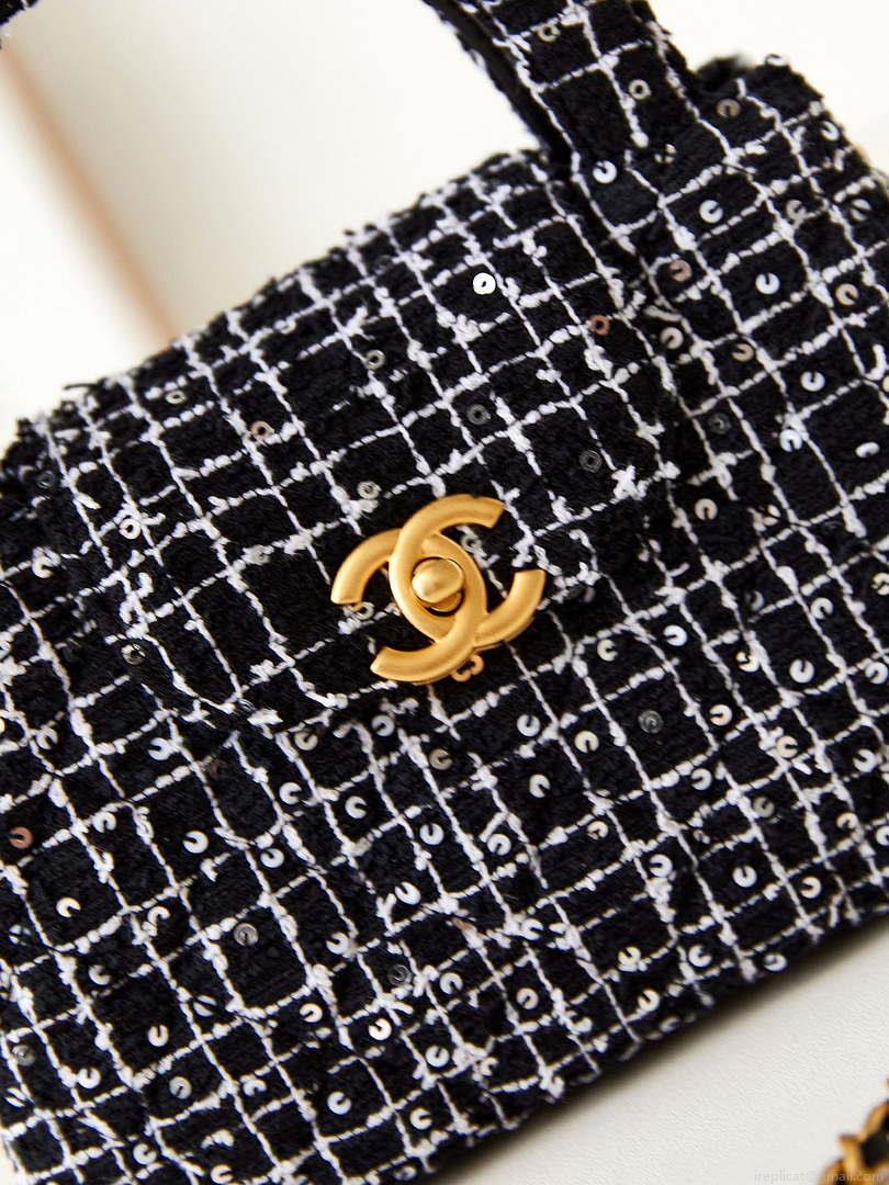 Chanel AS4416 Mini Shopping Bag Cotton Tweed & Gold-Tone Metal Black and White