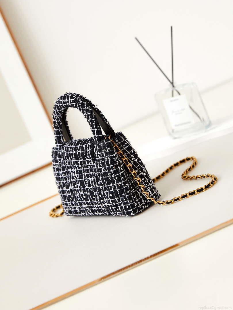 Chanel AS4416 Mini Shopping Bag Cotton Tweed & Gold-Tone Metal Black and White