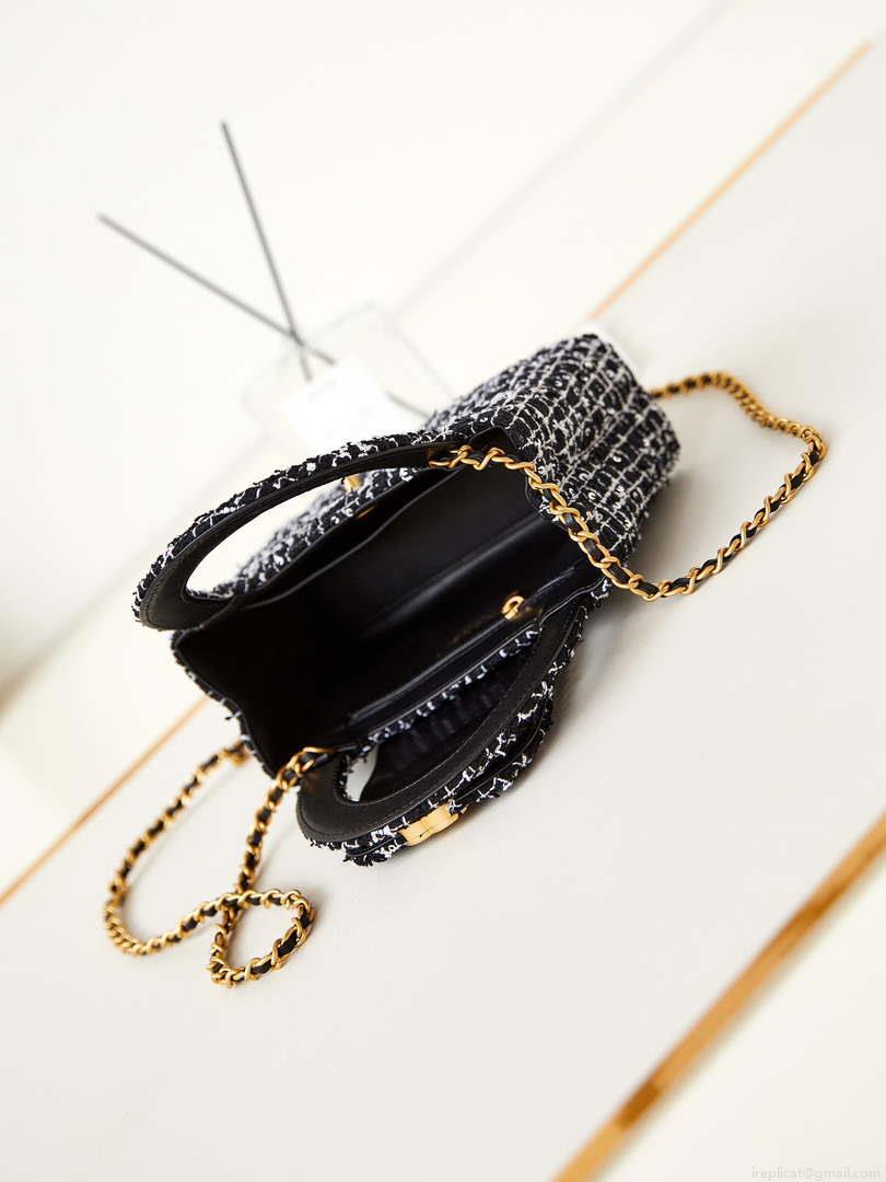 Chanel AS4416 Mini Shopping Bag Cotton Tweed & Gold-Tone Metal Black and White
