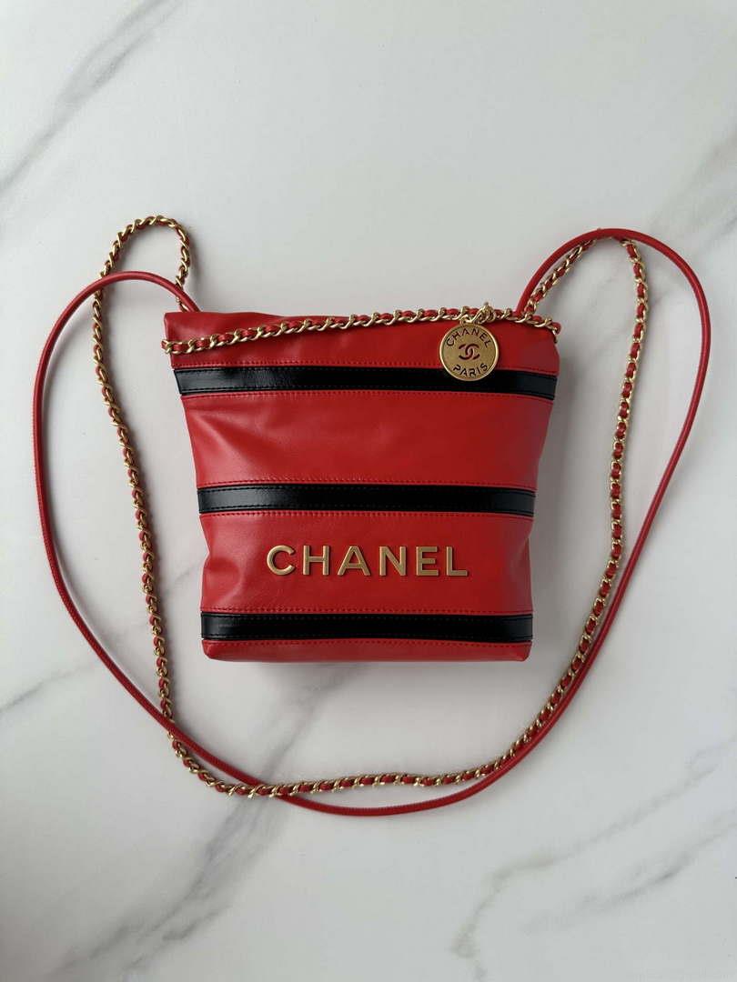Chanel 22 Mini Handbag AS3980 Shiny Calfskin & Gold-Tone Metal Red & Black