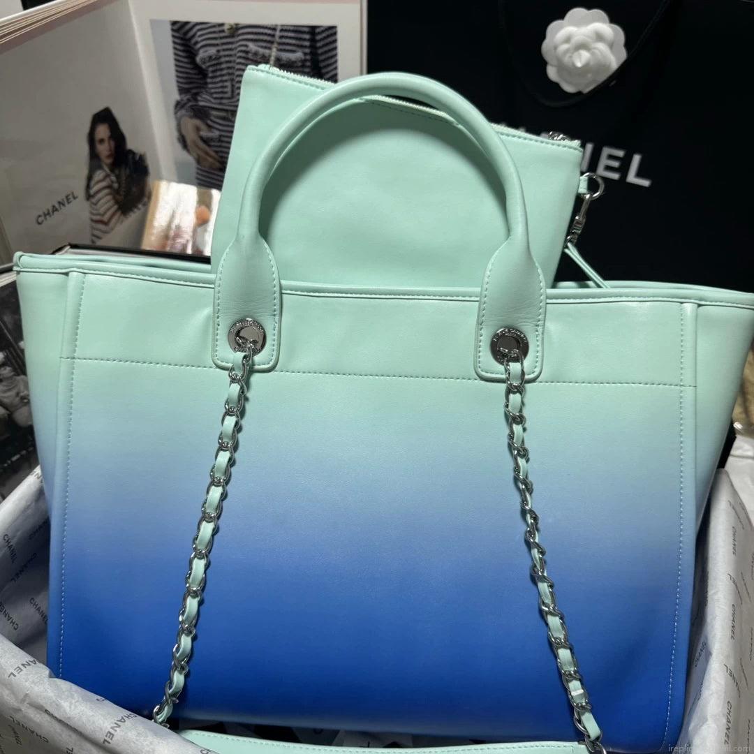 Chanel AS3351 Shopping Bag Shaded Calfskin & Silver-Tone Metal Blue & Light Blue