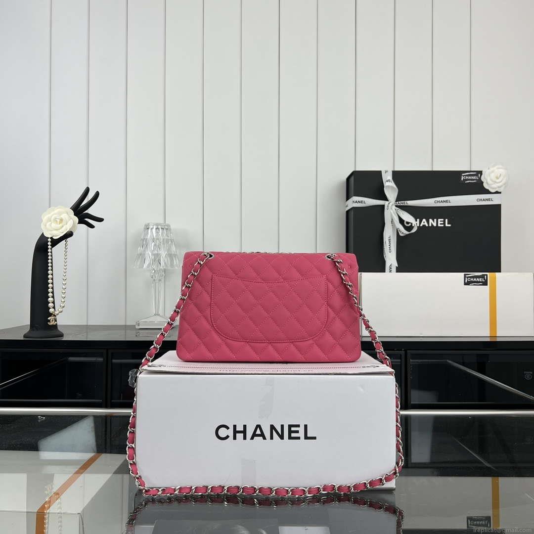 Chanel A01112 Flap Classic 11.12 Handbag Grained Calfskin & Silver-Tone Metal Rose Red