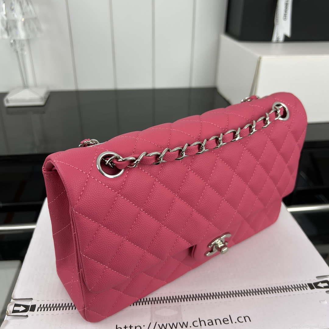 Chanel A01112 Flap Classic 11.12 Handbag Grained Calfskin & Silver-Tone Metal Rose Red