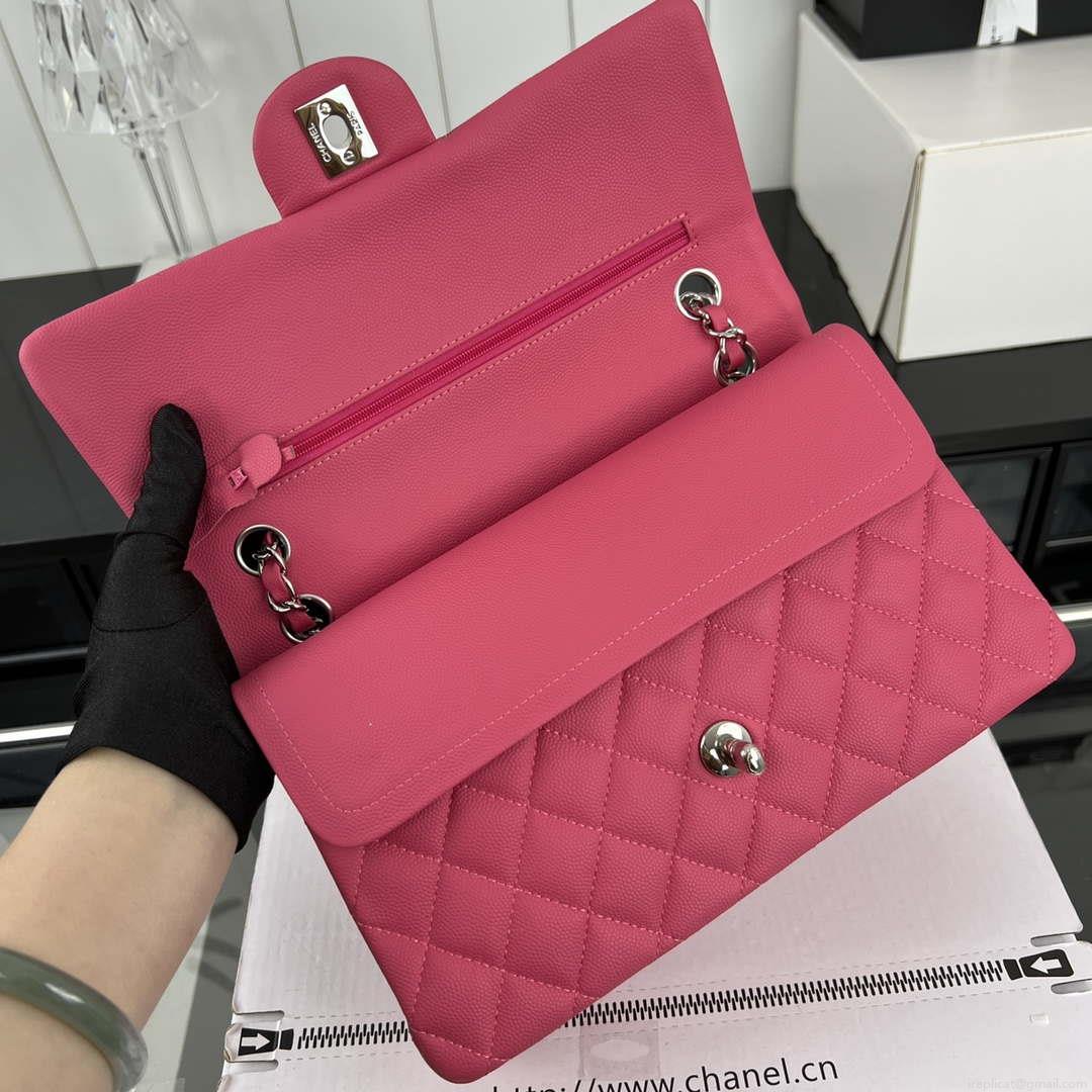 Chanel A01112 Flap Classic 11.12 Handbag Grained Calfskin & Silver-Tone Metal Rose Red