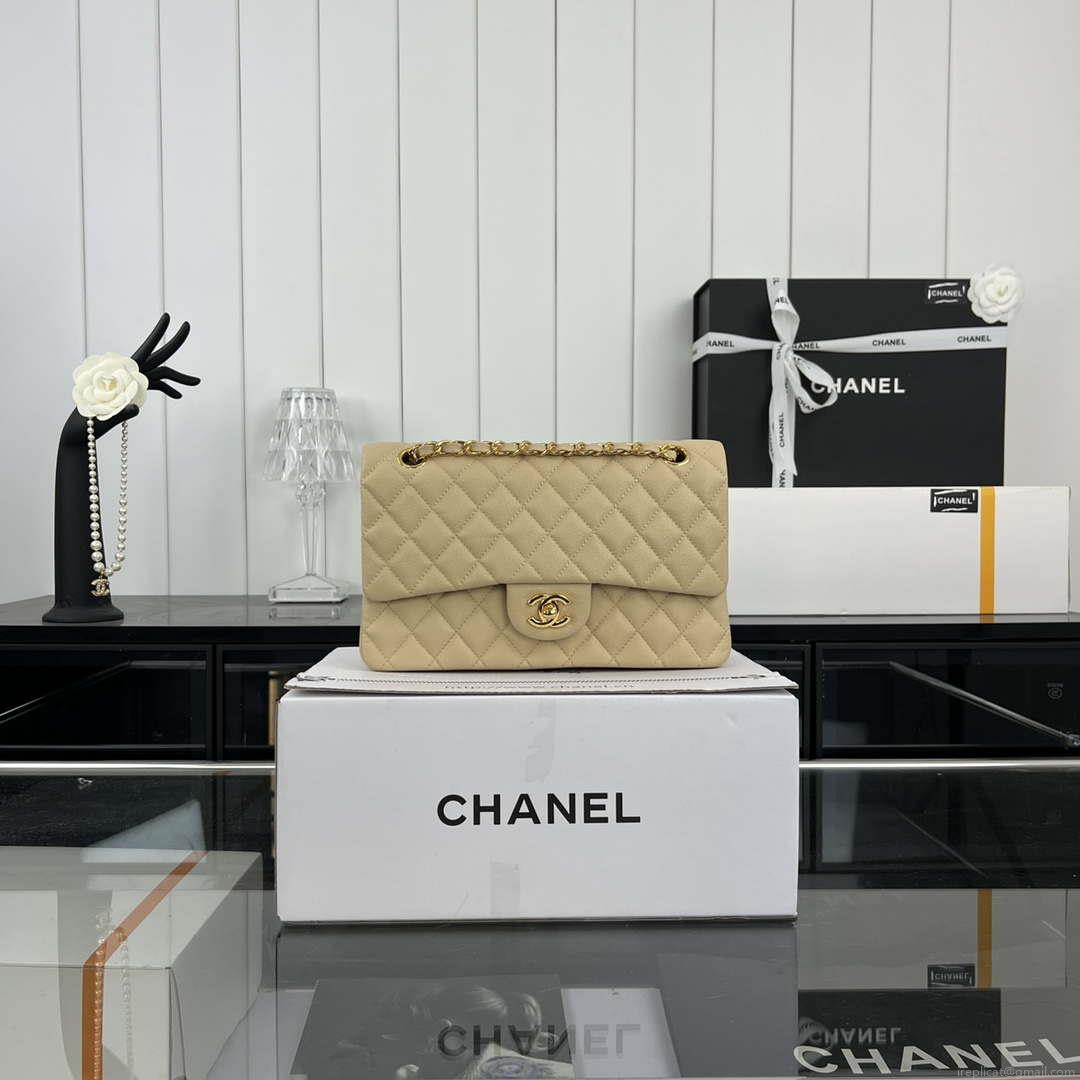 Chanel A01112 Flap Classic 11.12 Handbag Grained Calfskin & Gold-Tone Metal Apricot