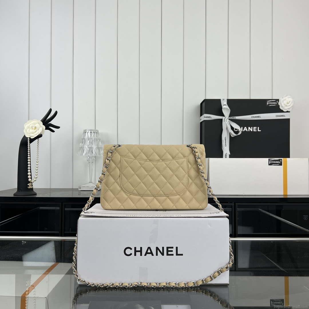 Chanel A01112 Flap Classic 11.12 Handbag Grained Calfskin & Silver-Tone Metal Apricot