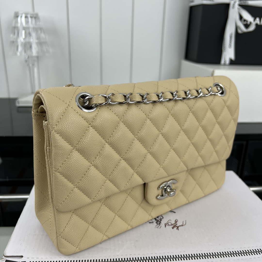 Chanel A01112 Flap Classic 11.12 Handbag Grained Calfskin & Silver-Tone Metal Apricot