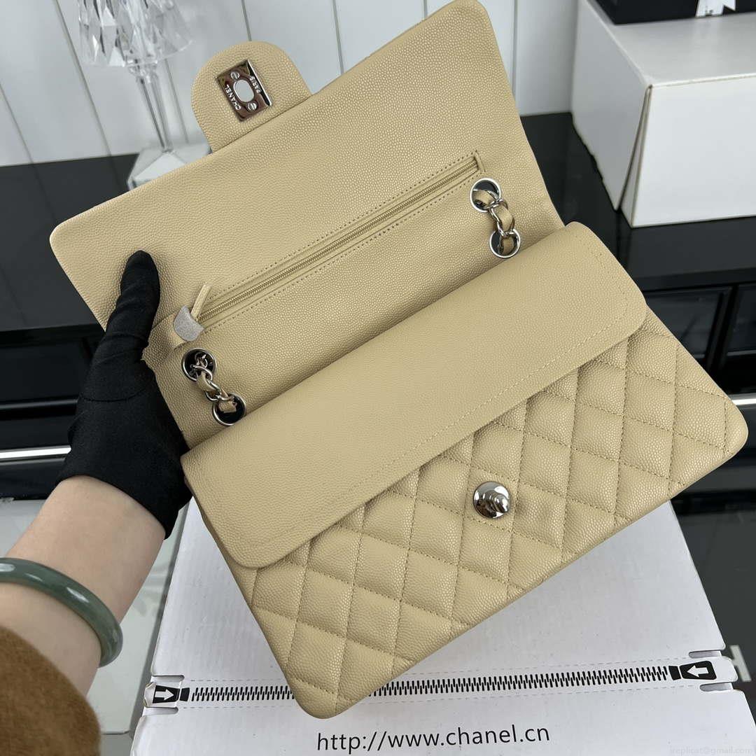 Chanel A01112 Flap Classic 11.12 Handbag Grained Calfskin & Silver-Tone Metal Apricot