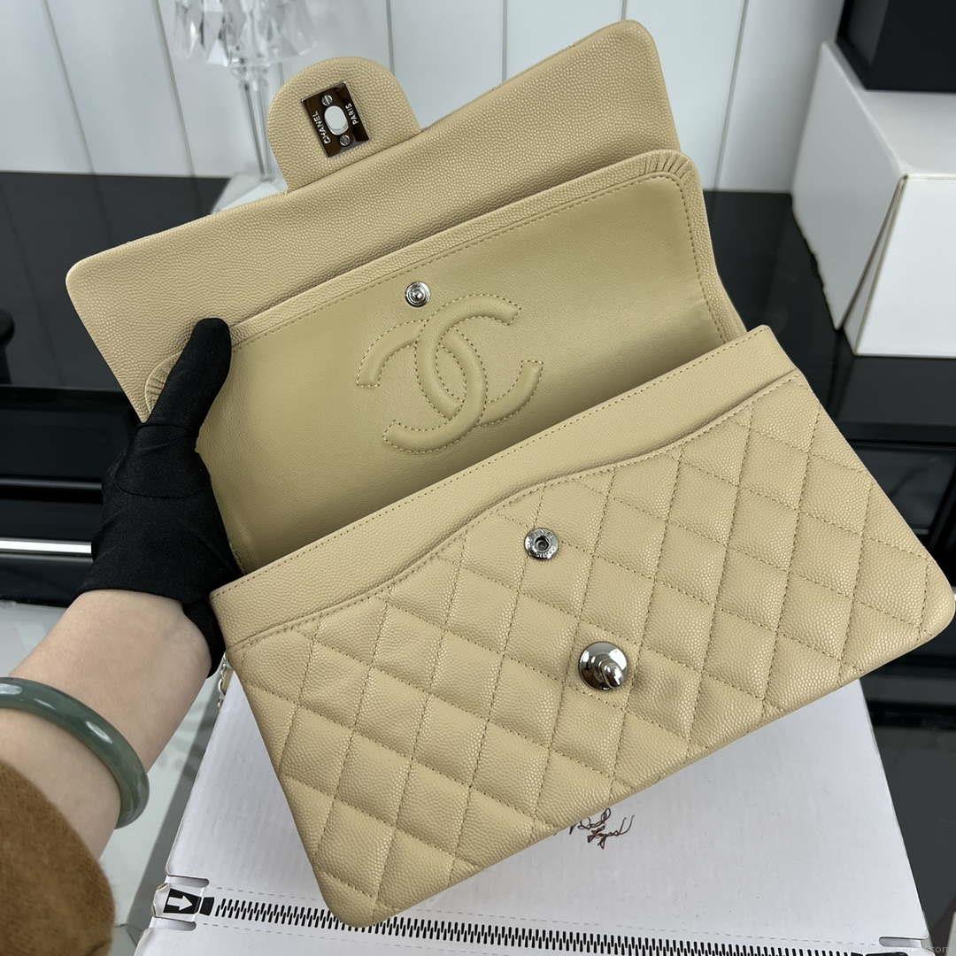 Chanel A01112 Flap Classic 11.12 Handbag Grained Calfskin & Silver-Tone Metal Apricot