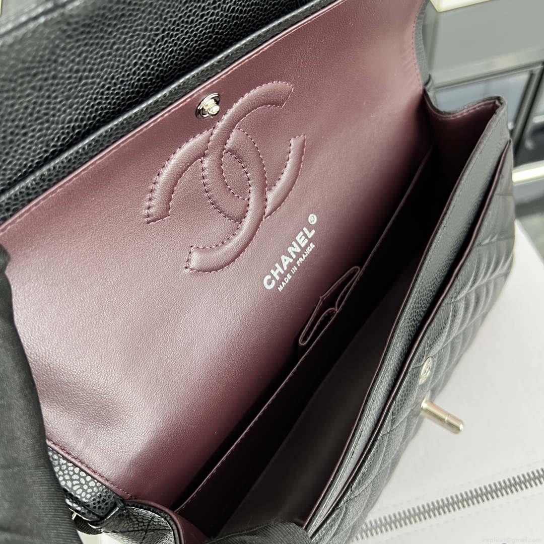 Chanel A01112 Flap Classic Handbag Grained Calfskin & Silver-Tone Metal Black