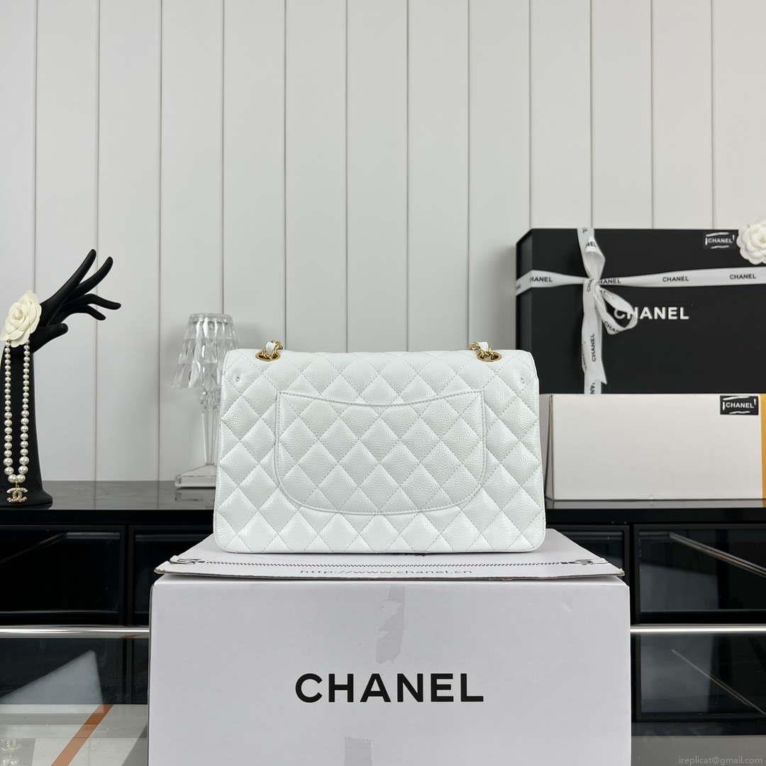 Chanel A01112 Flap Classic Handbag Grained Calfskin & Gold-Tone Metal White