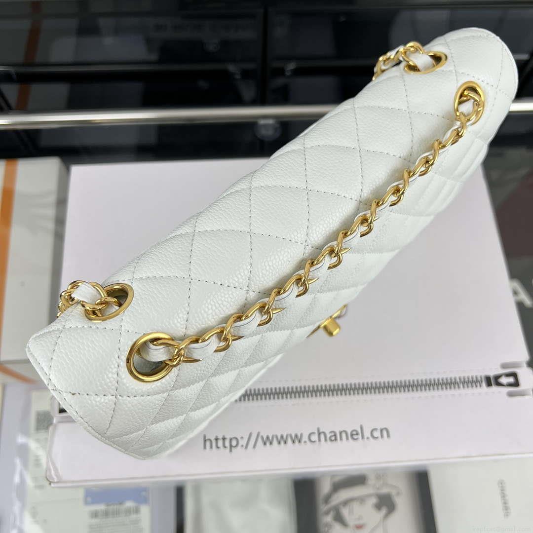 Chanel A01112 Flap Classic Handbag Grained Calfskin & Gold-Tone Metal White