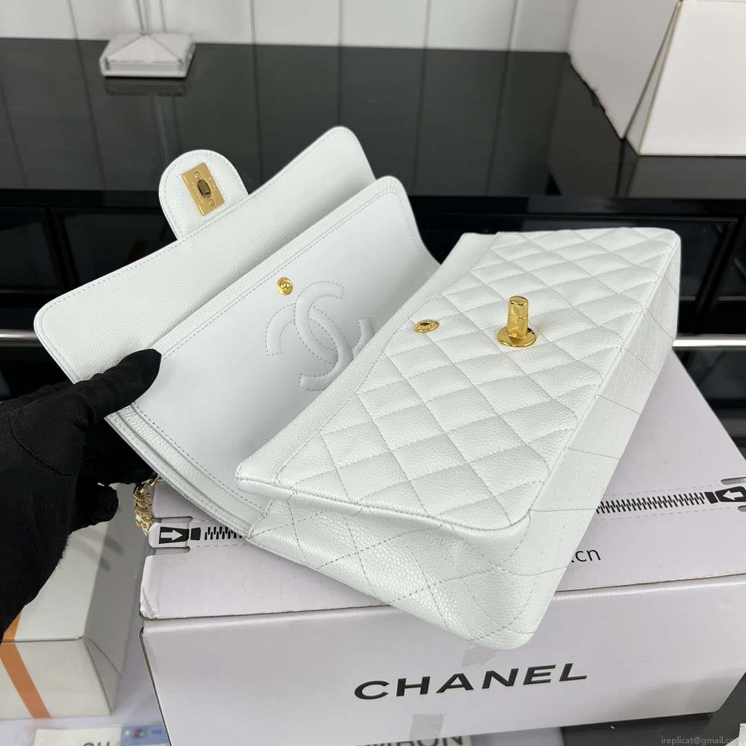 Chanel A01112 Flap Classic Handbag Grained Calfskin & Gold-Tone Metal White