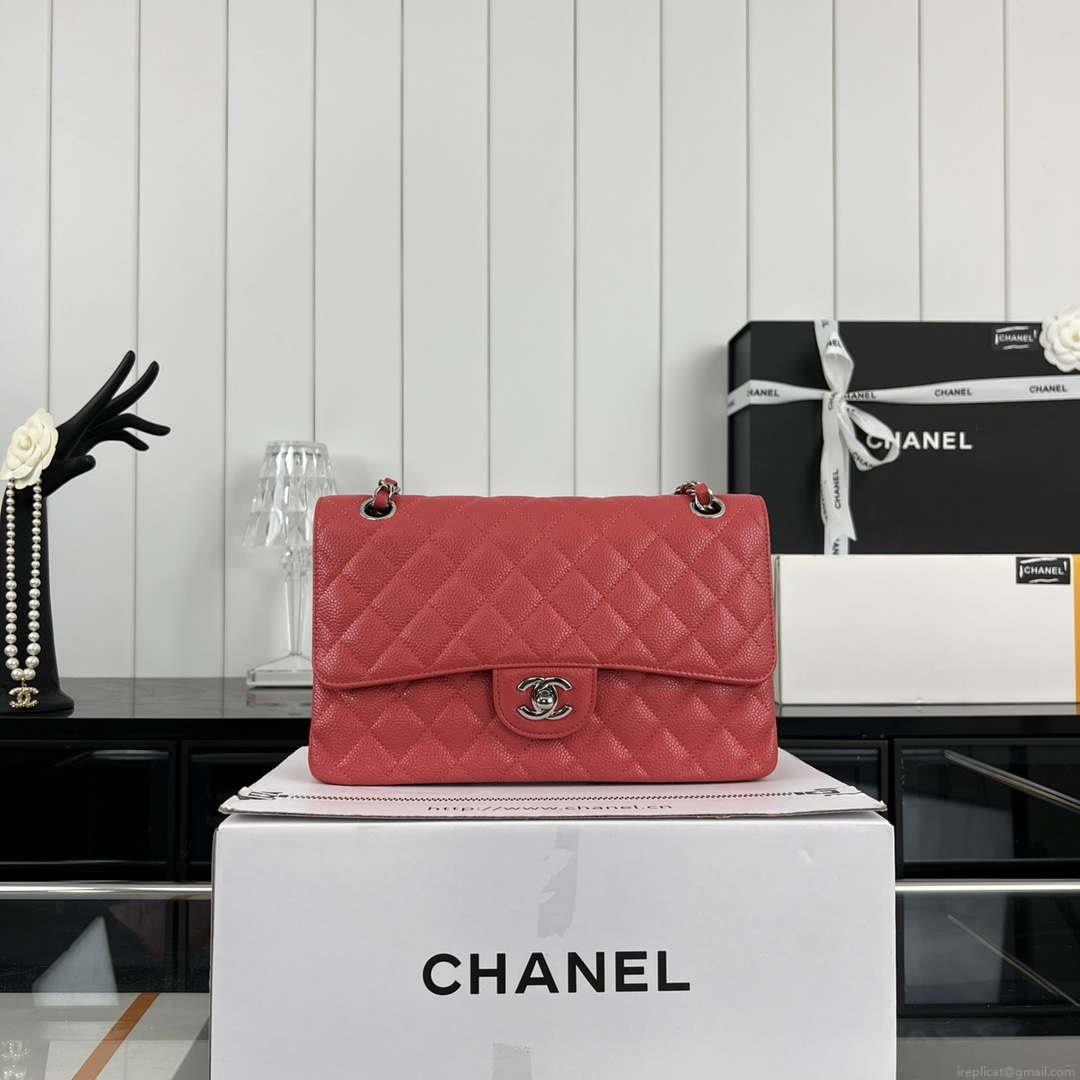 Chanel A01112 Flap Classic Handbag Grained Calfskin & Silver-Tone Metal Red