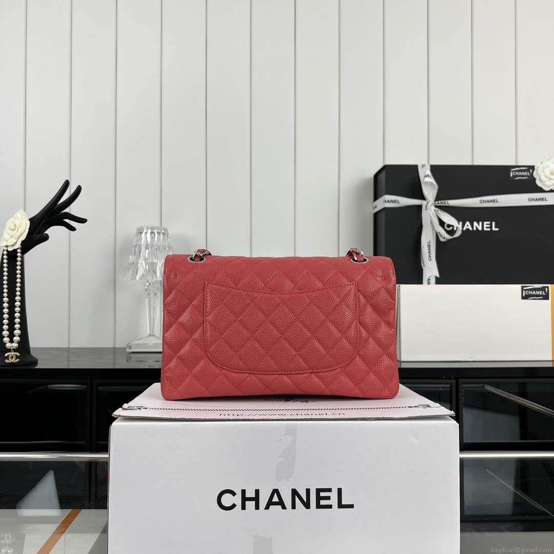 Chanel A01112 Flap Classic Handbag Grained Calfskin & Silver-Tone Metal Red