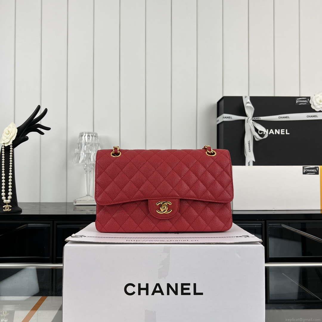 Chanel A01112 Flap Classic Handbag Grained Calfskin & Gold-Tone Metal Red