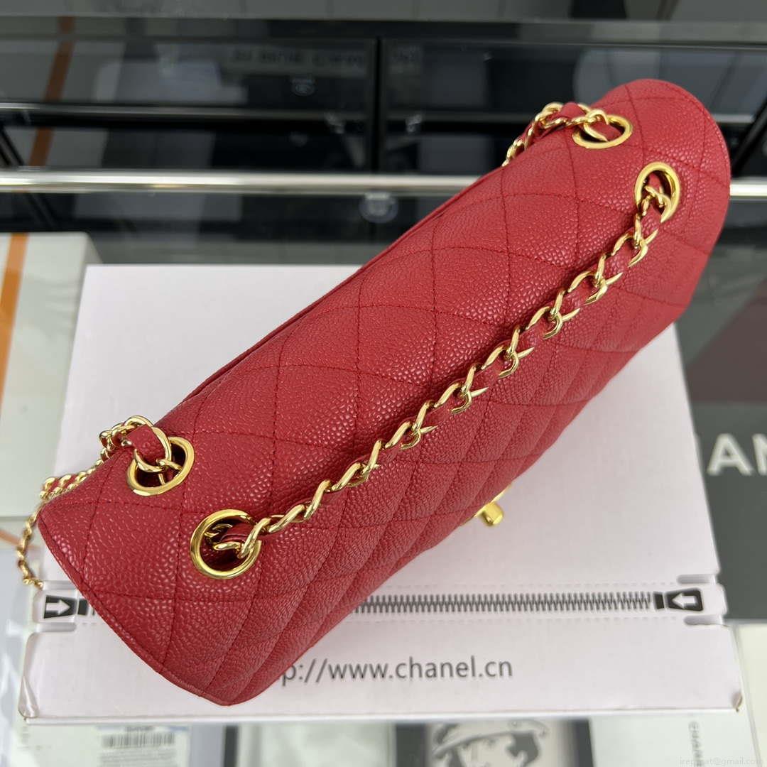 Chanel A01112 Flap Classic Handbag Grained Calfskin & Gold-Tone Metal Red