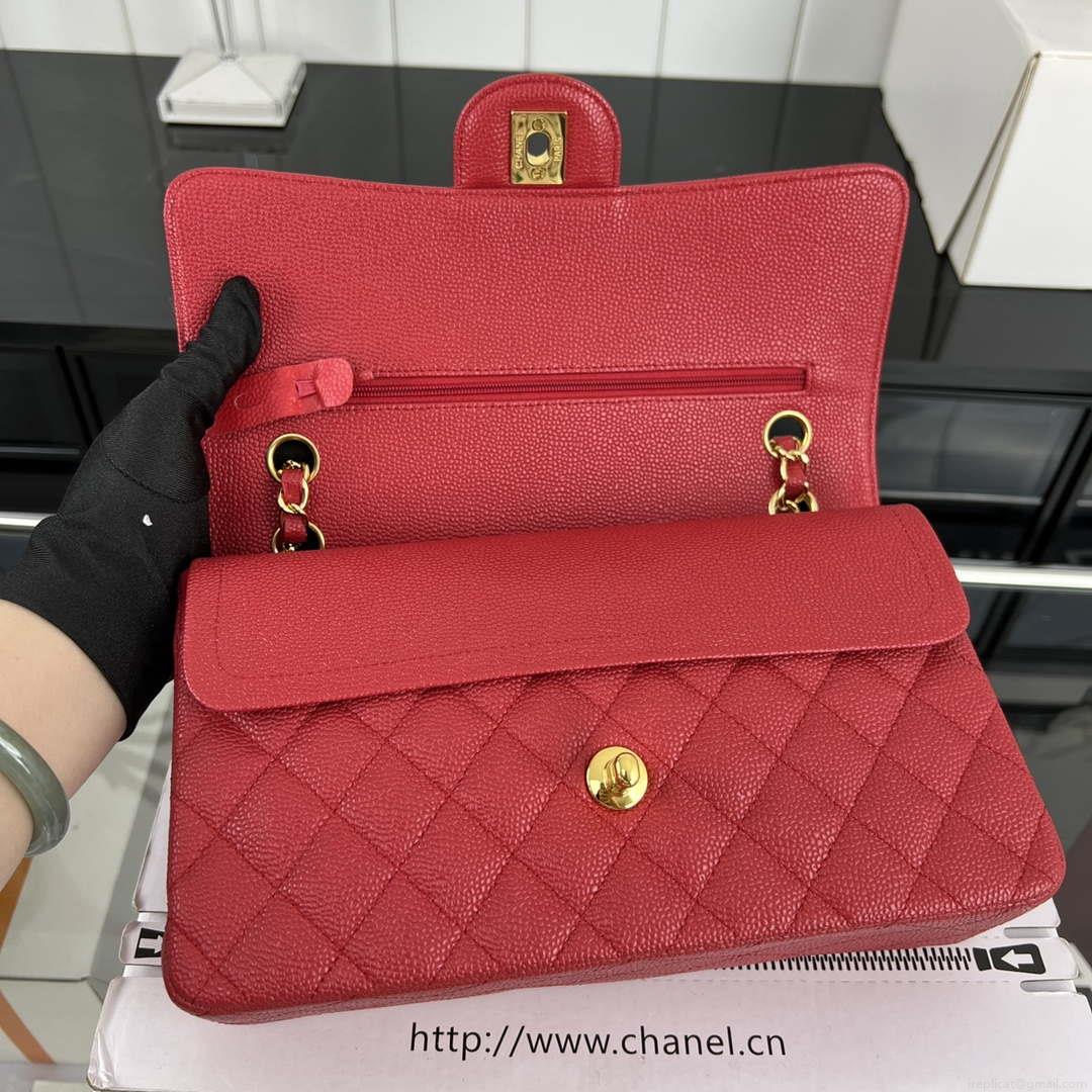 Chanel A01112 Flap Classic Handbag Grained Calfskin & Gold-Tone Metal Red