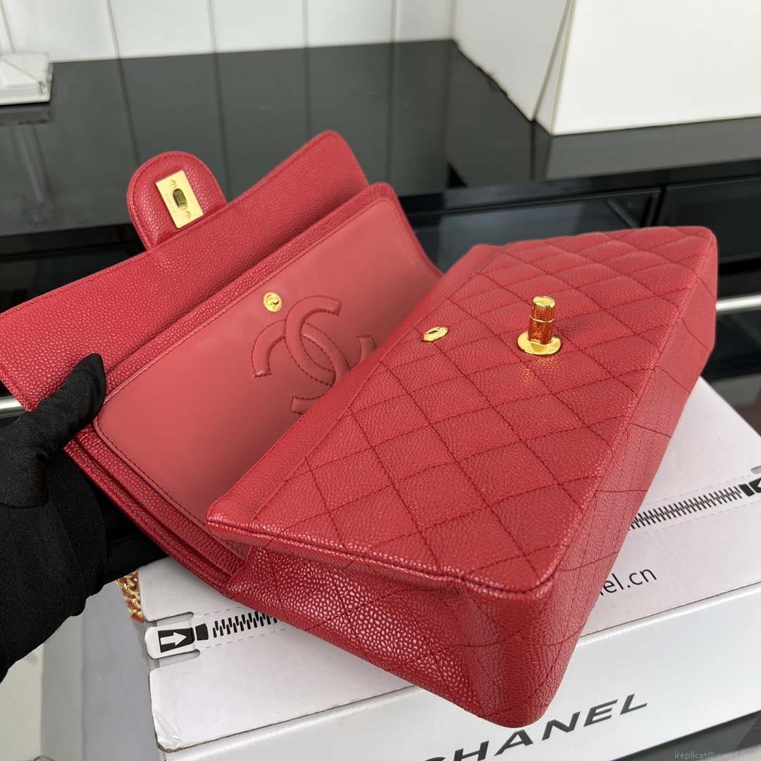 Chanel A01112 Flap Classic Handbag Grained Calfskin & Gold-Tone Metal Red