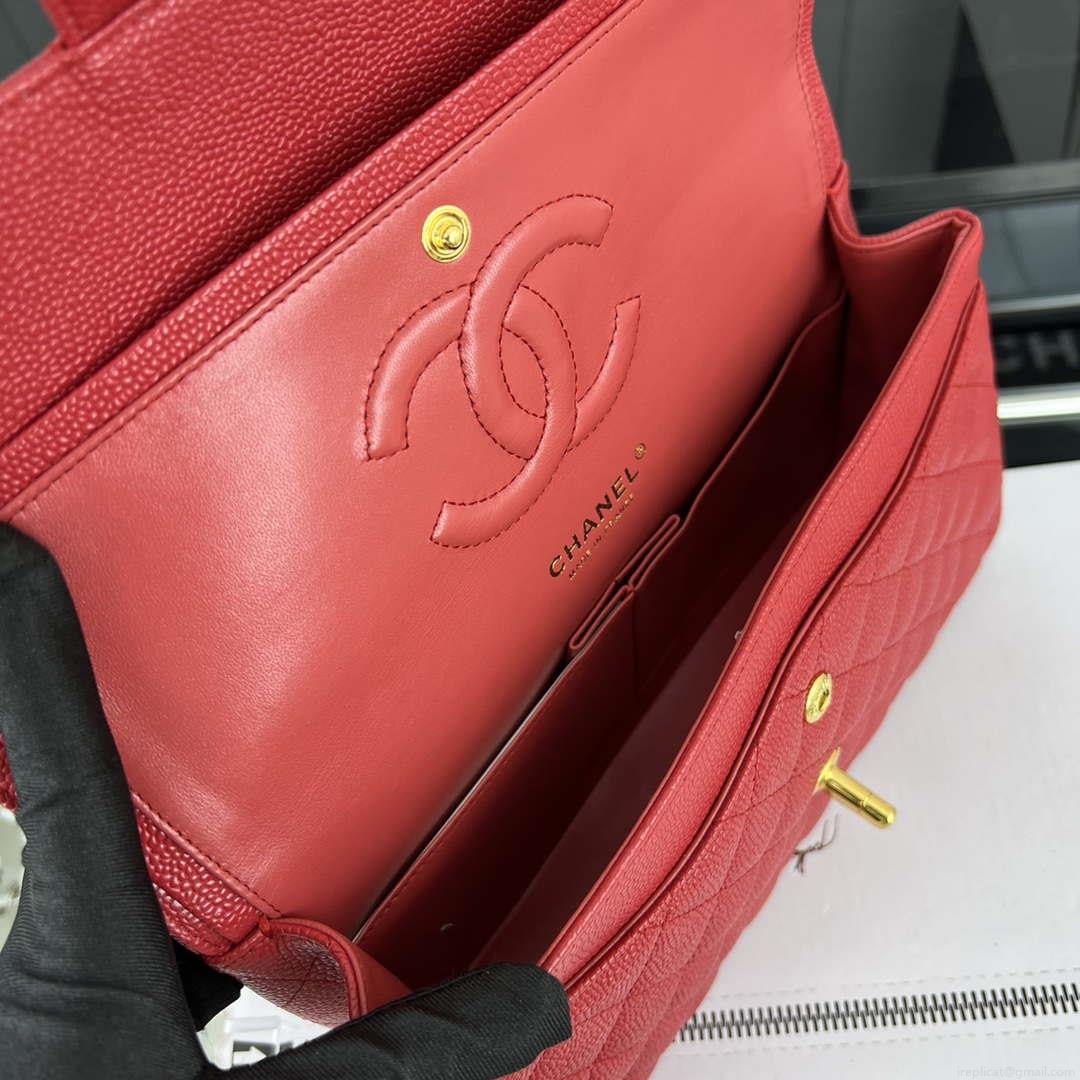 Chanel A01112 Flap Classic Handbag Grained Calfskin & Gold-Tone Metal Red