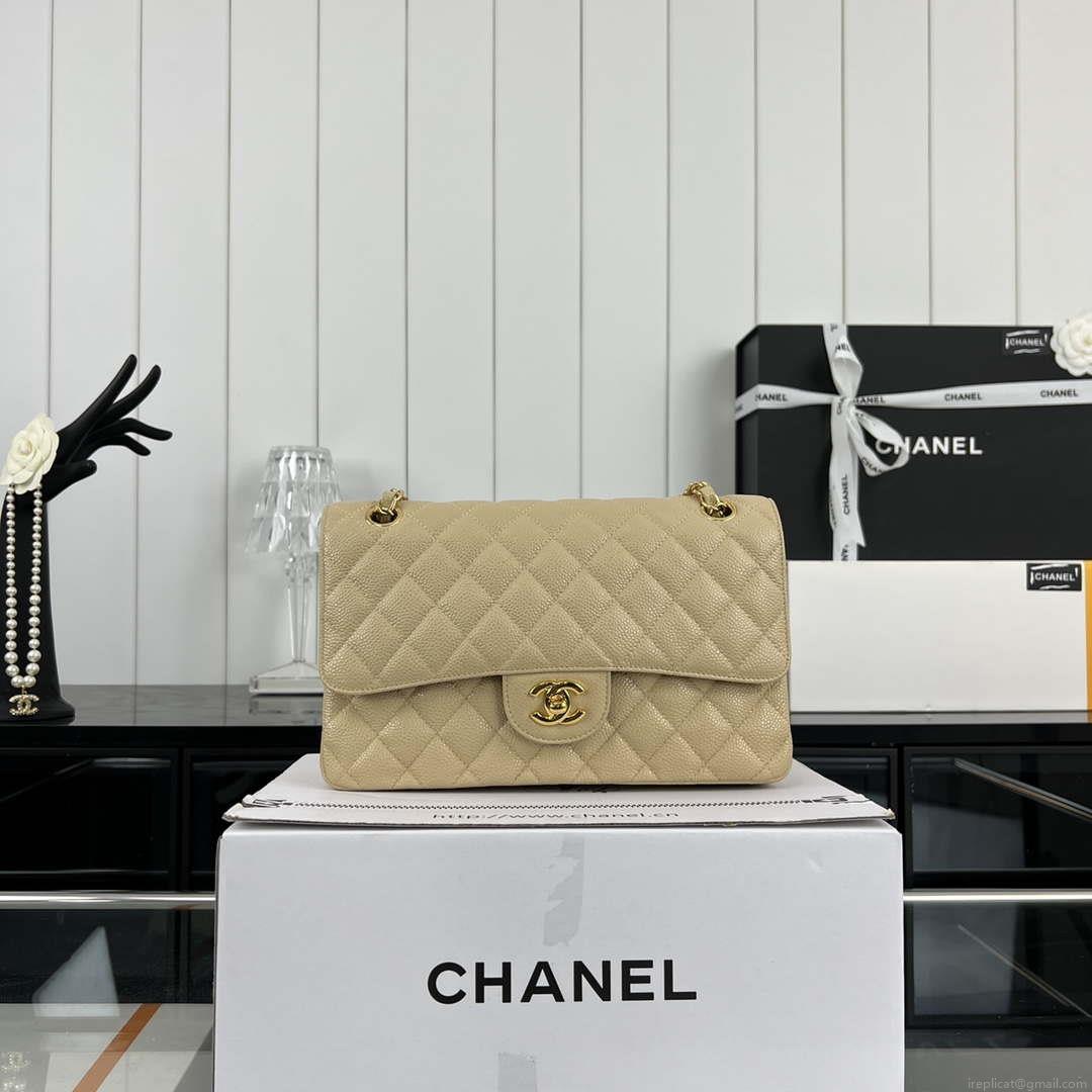 Chanel A01112 Flap Classic Handbag Grained Calfskin & Gold-Tone Metal Apricot
