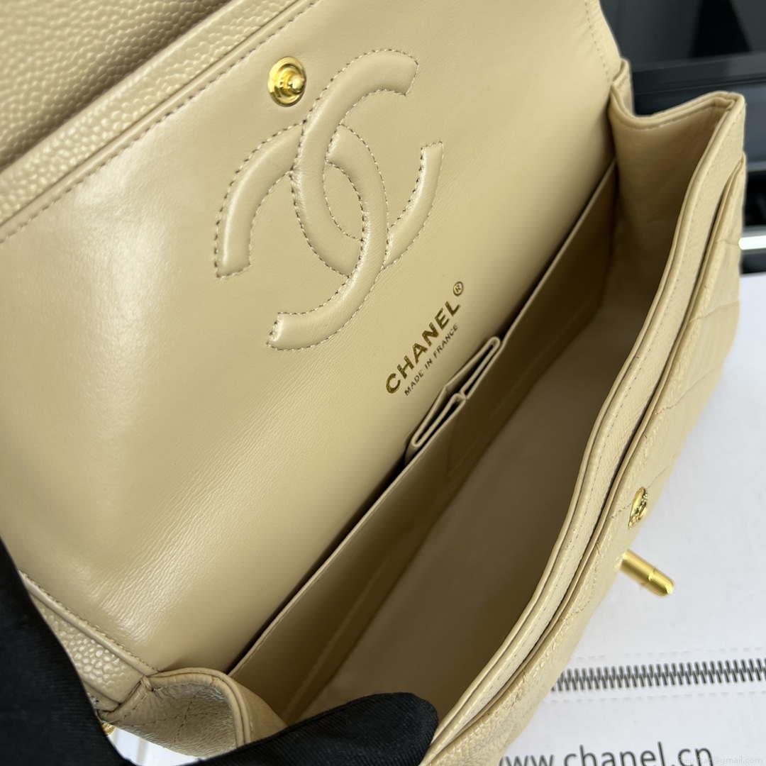 Chanel A01112 Flap Classic Handbag Grained Calfskin & Gold-Tone Metal Apricot