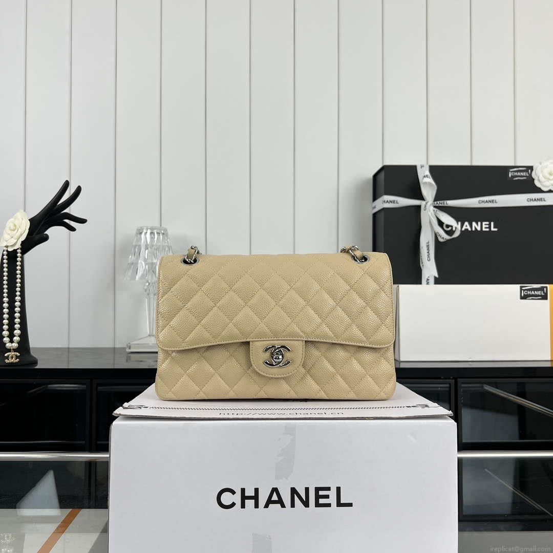 Chanel A01112 Flap Classic Handbag Grained Calfskin & Silver-Tone Metal Apricot