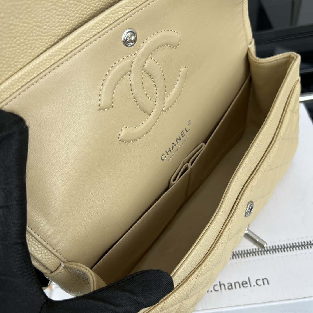 Chanel A01112 Flap Classic Handbag Grained Calfskin & Silver-Tone Metal Apricot