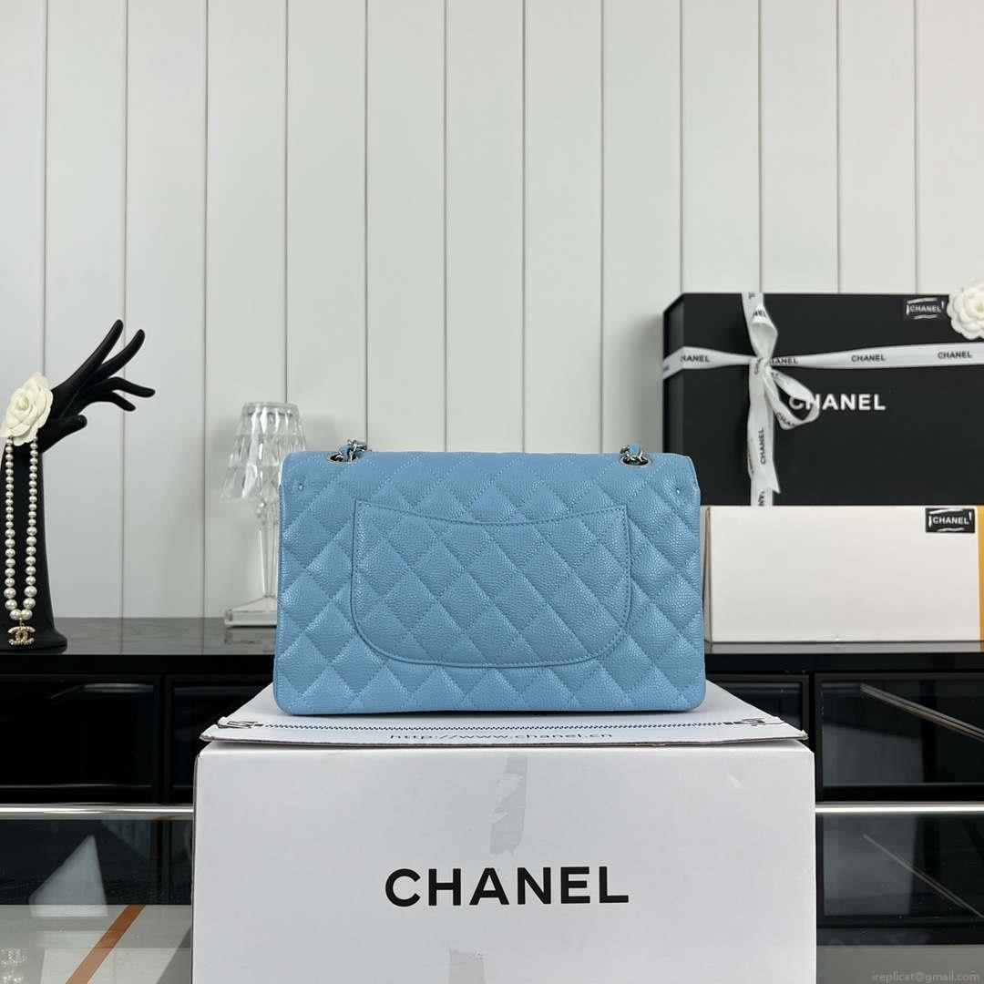 Chanel A01112 Flap Classic Handbag Grained Calfskin & Silver-Tone Metal Blue