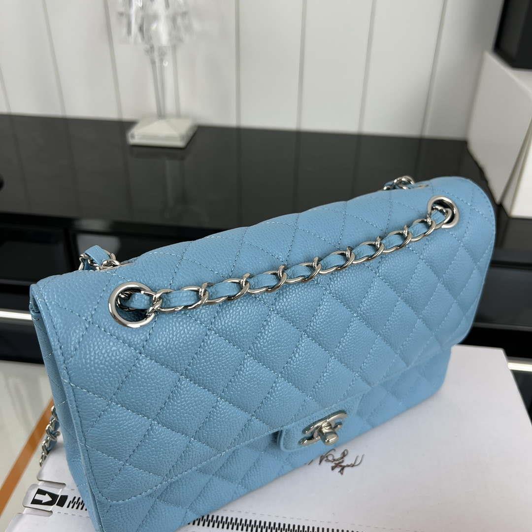 Chanel A01112 Flap Classic Handbag Grained Calfskin & Silver-Tone Metal Blue
