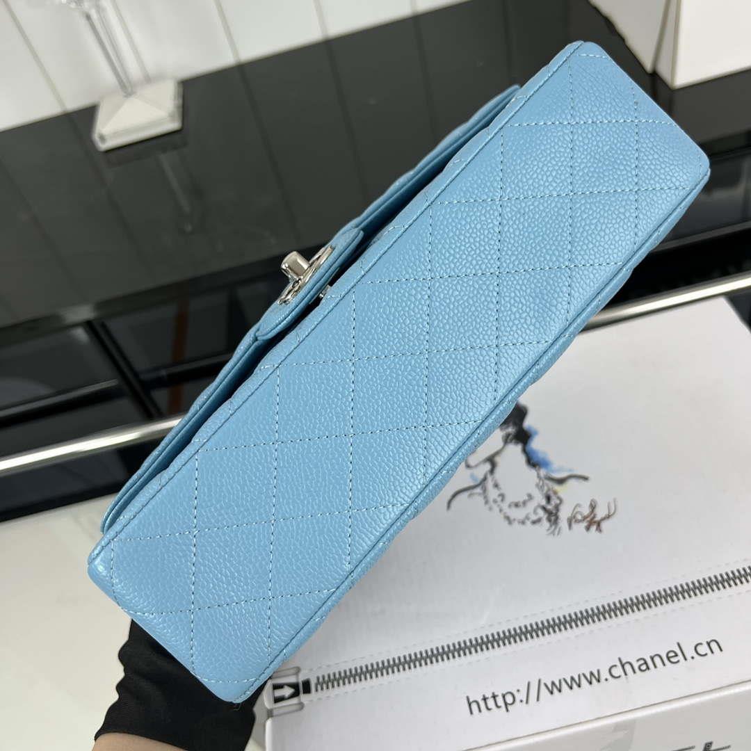 Chanel A01112 Flap Classic Handbag Grained Calfskin & Silver-Tone Metal Blue