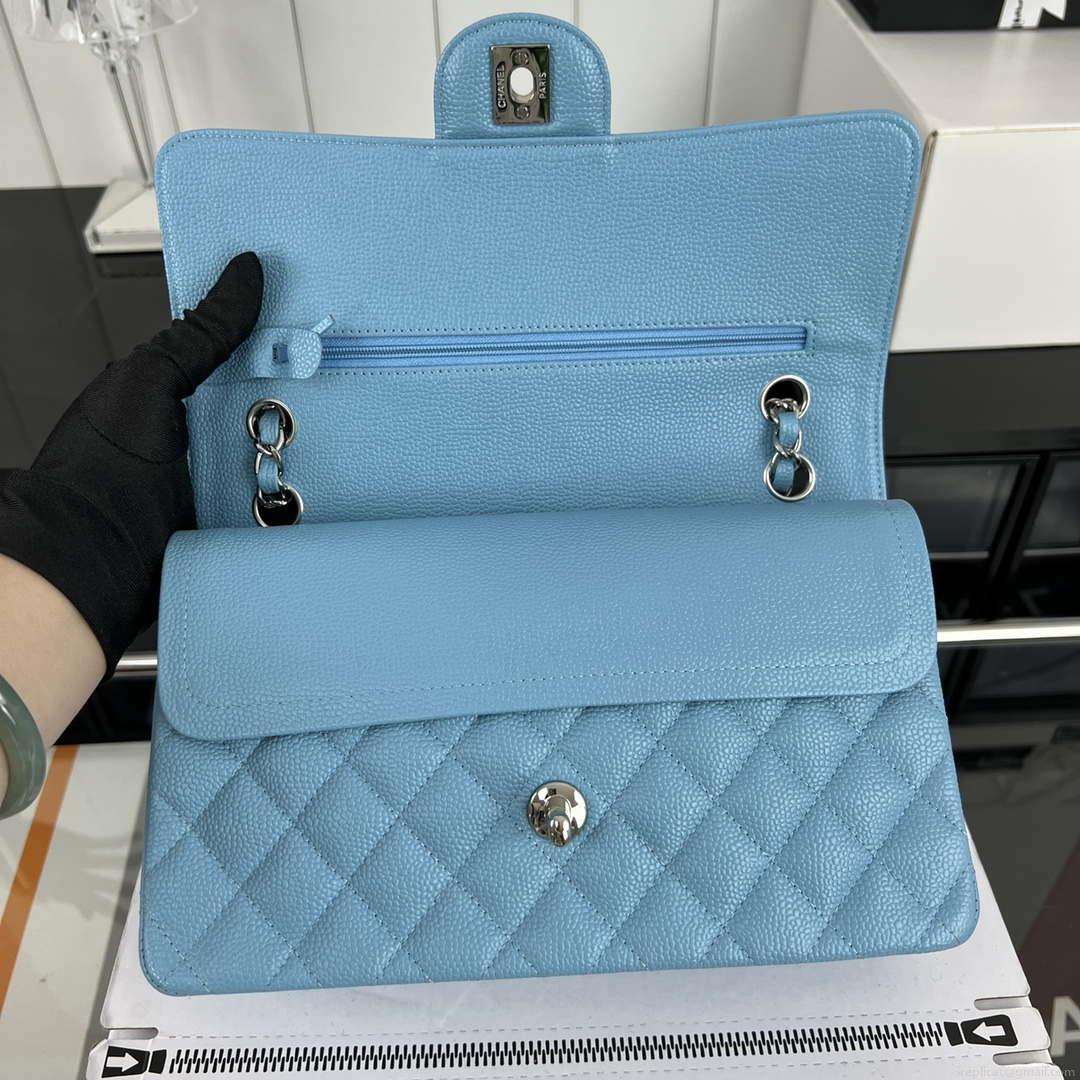 Chanel A01112 Flap Classic Handbag Grained Calfskin & Silver-Tone Metal Blue