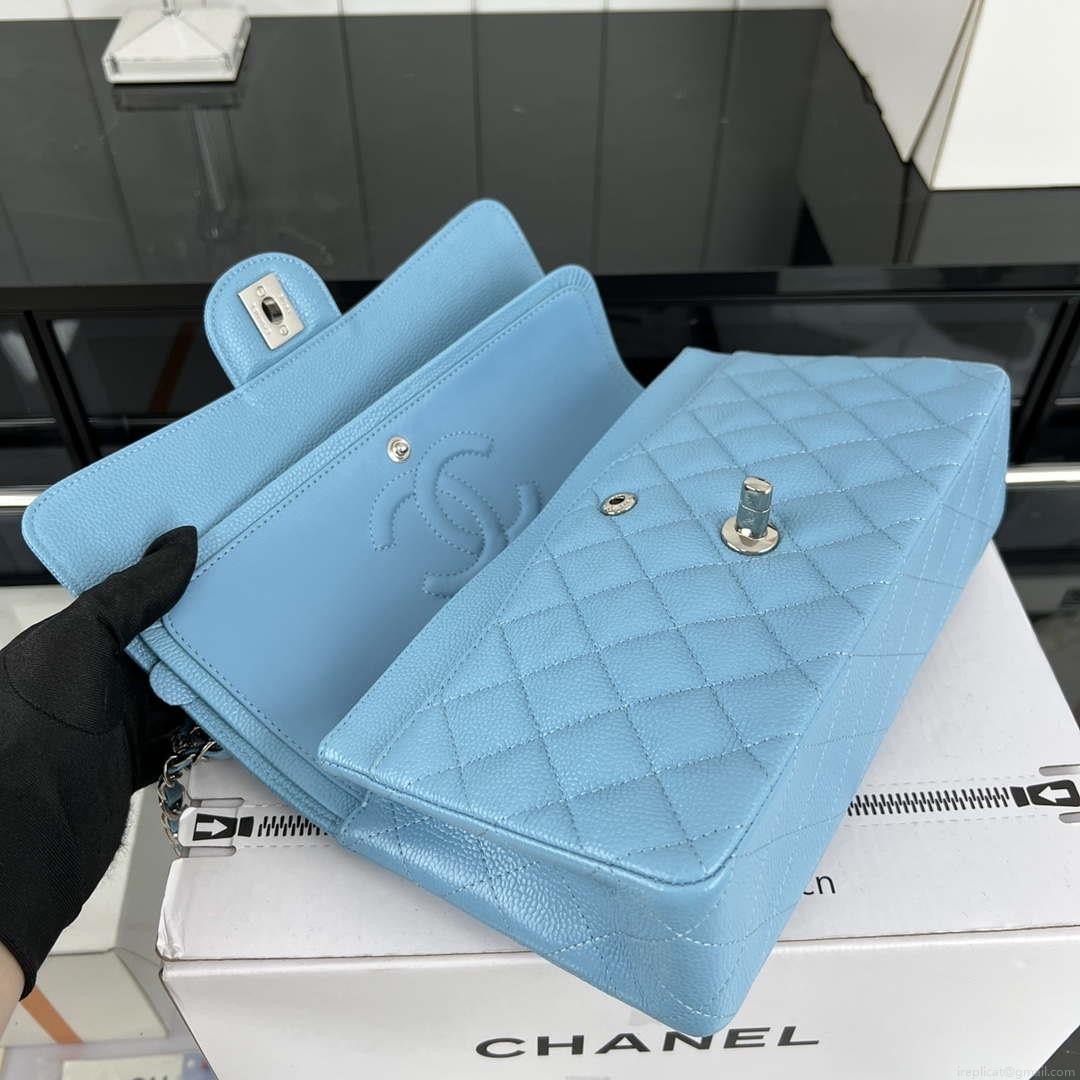 Chanel A01112 Flap Classic Handbag Grained Calfskin & Silver-Tone Metal Blue
