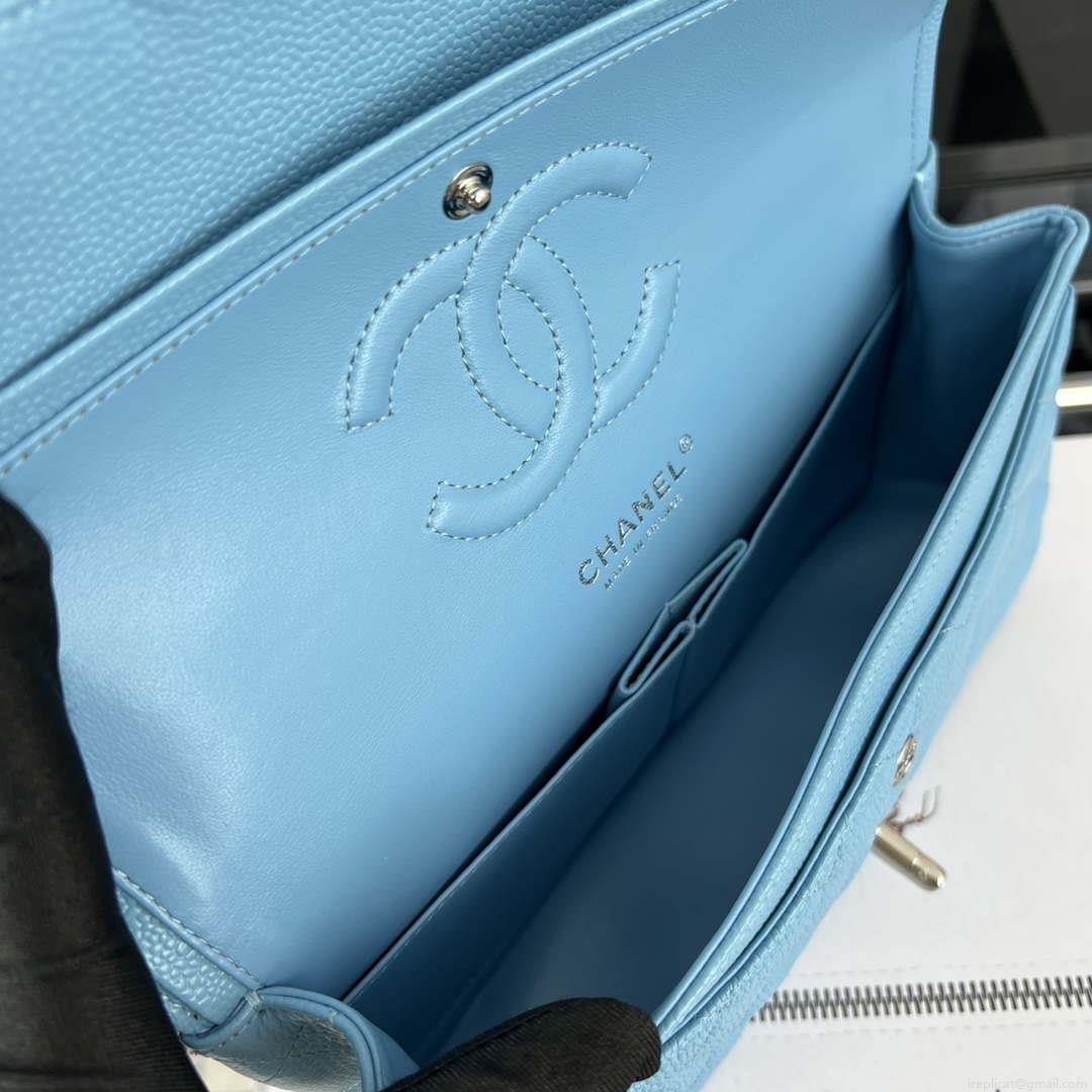 Chanel A01112 Flap Classic Handbag Grained Calfskin & Silver-Tone Metal Blue