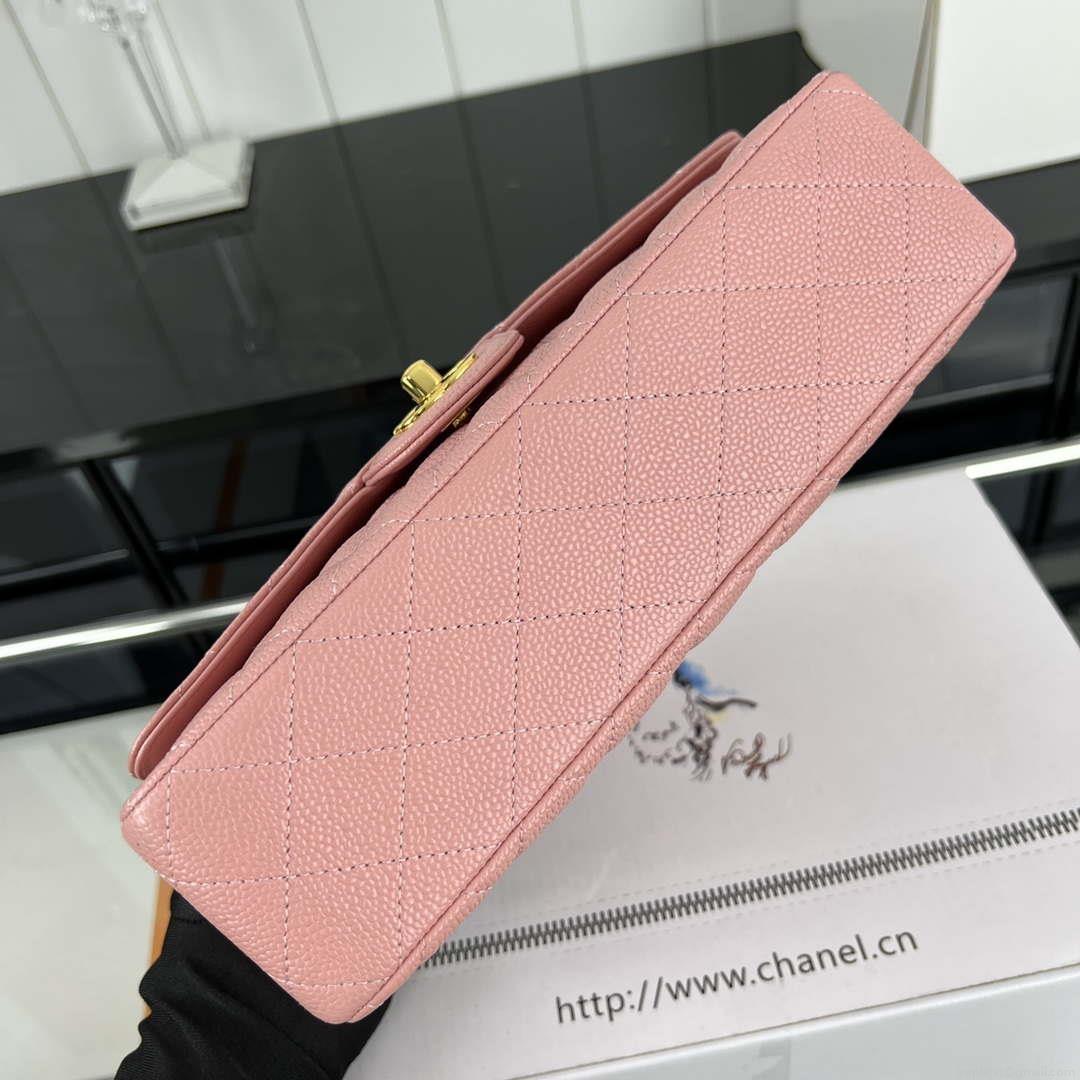 Chanel A01112 Flap Classic Handbag Grained Calfskin & Gold-Tone Metal Pink