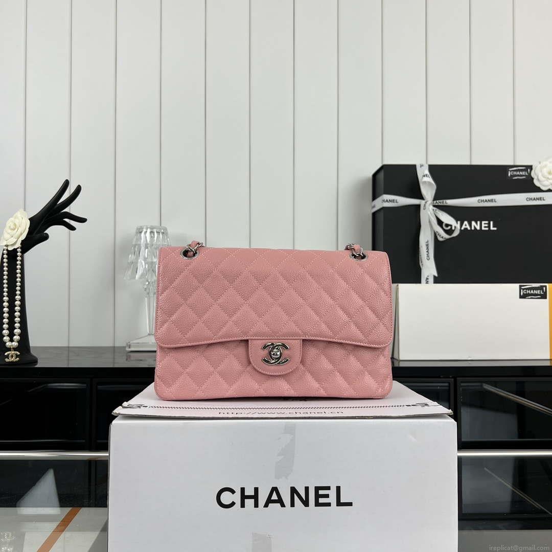 Chanel A01112 Flap Classic Handbag Grained Calfskin & Silver-Tone Metal Pink