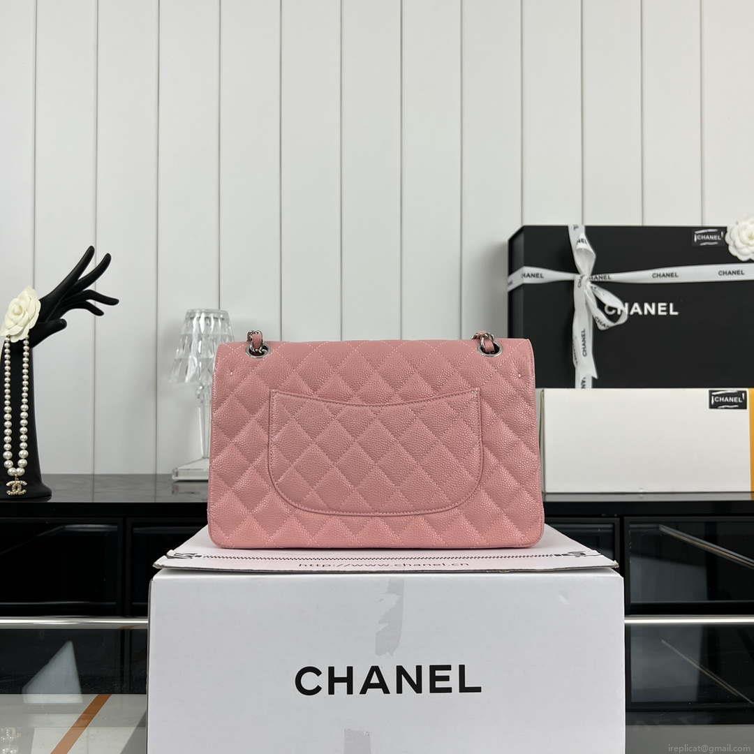 Chanel A01112 Flap Classic Handbag Grained Calfskin & Silver-Tone Metal Pink